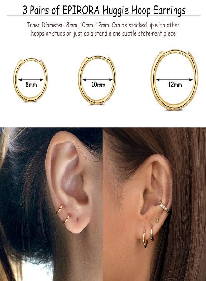 EPIRORA 3 Pairs Small Cartilage Hoop Earrings for Women Men, Hypoallergenic Sterling Silver Post Huggie Earrings, 8/10/12mm, Gold - Image 3